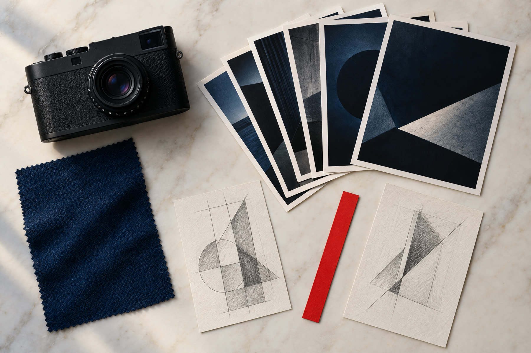 Overhead flat-lay of a camera, printed proofs and illustration sketches.