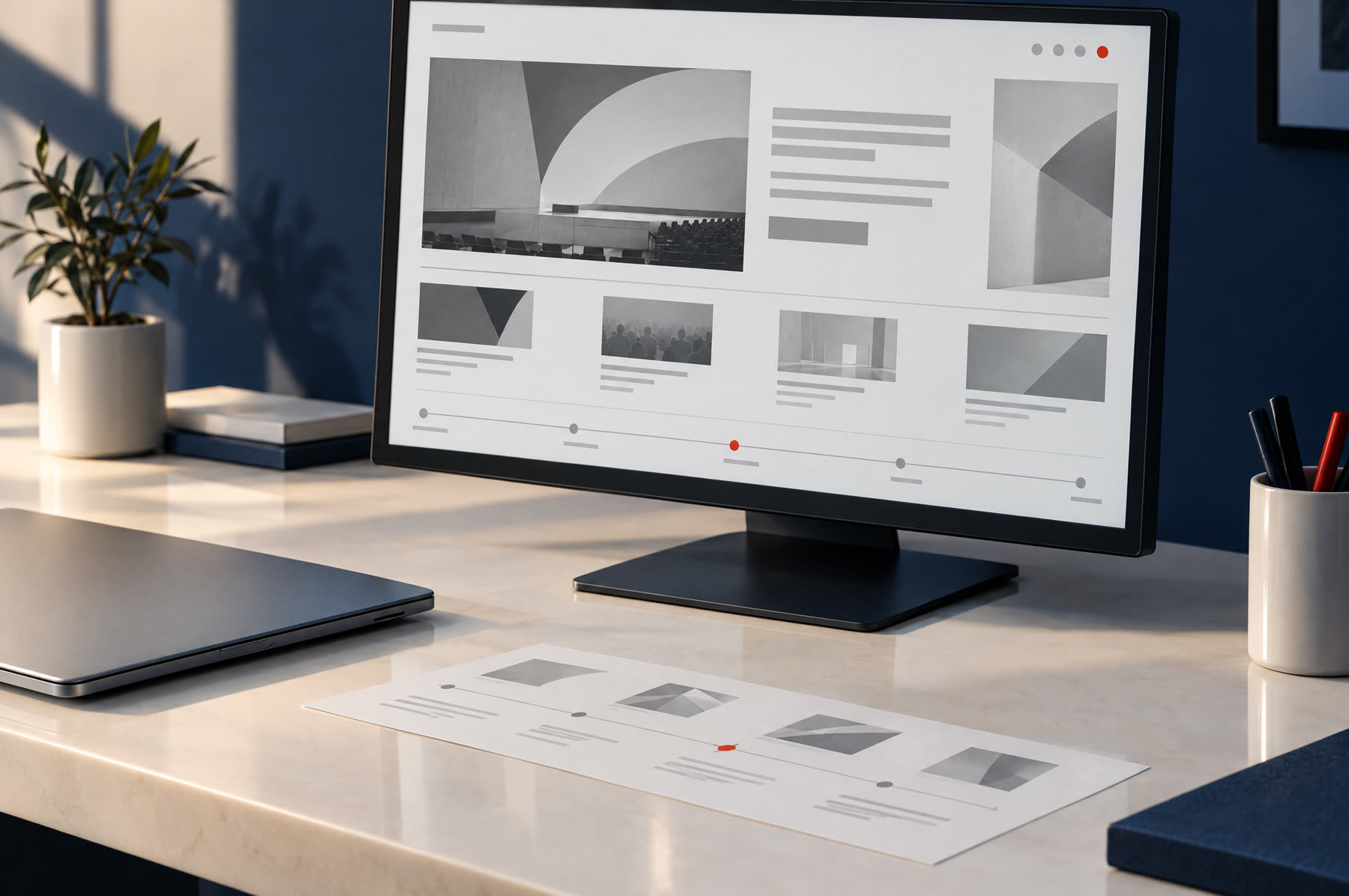 A monitor showing an abstract website wireframe on a porcelain desk.