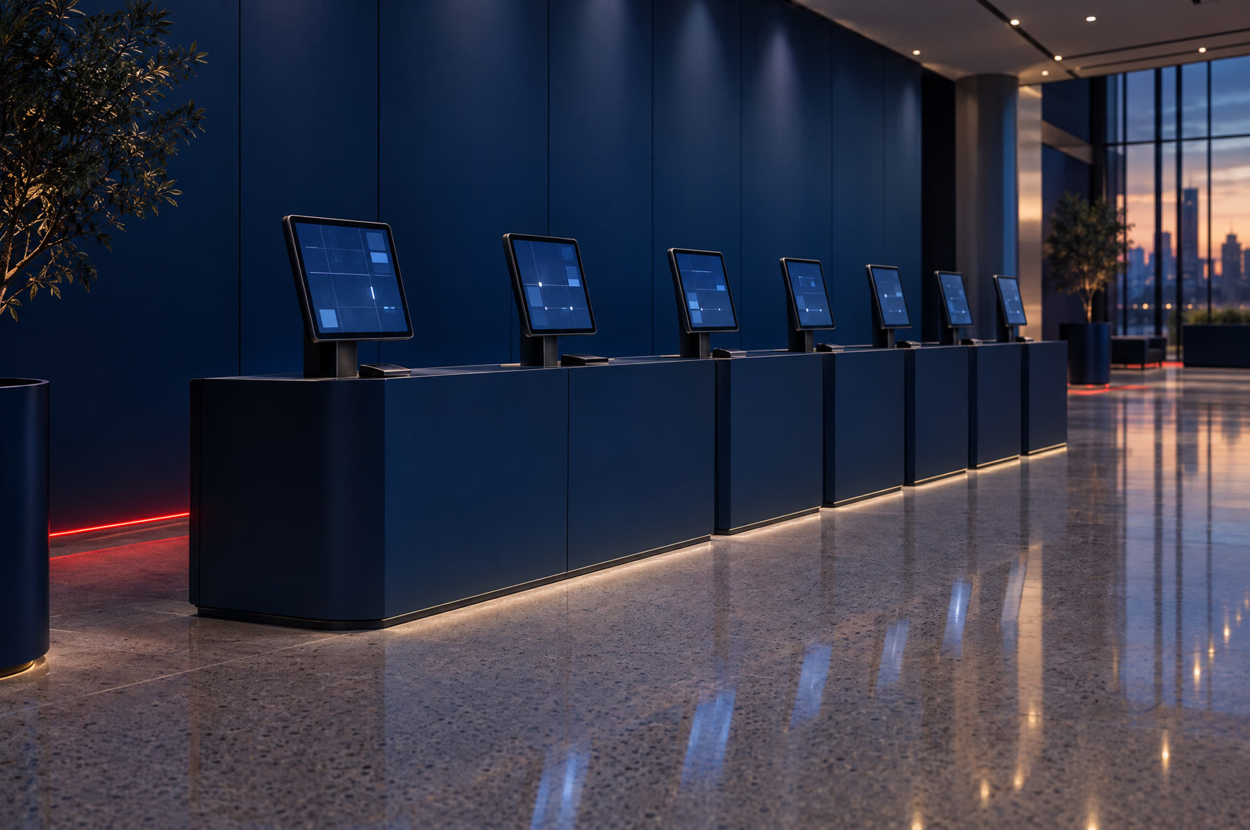 A registration bank of blank kiosks in a lobby, screens glowing with abstract grid interfaces.